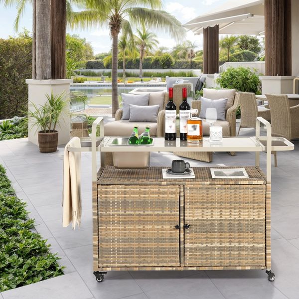 Outdoor-Barwagen aus Stahl & PE-Rattan, rollbar mit Seitenkorb, 131x50x91 cm, Beige