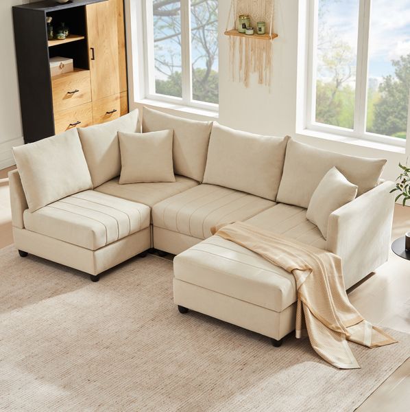 Modulares Ecksofa 220x194x85 cm, 5-Sitzer in Beige mit bewegbarem Fußhocker aus Baumwoll-Leinen