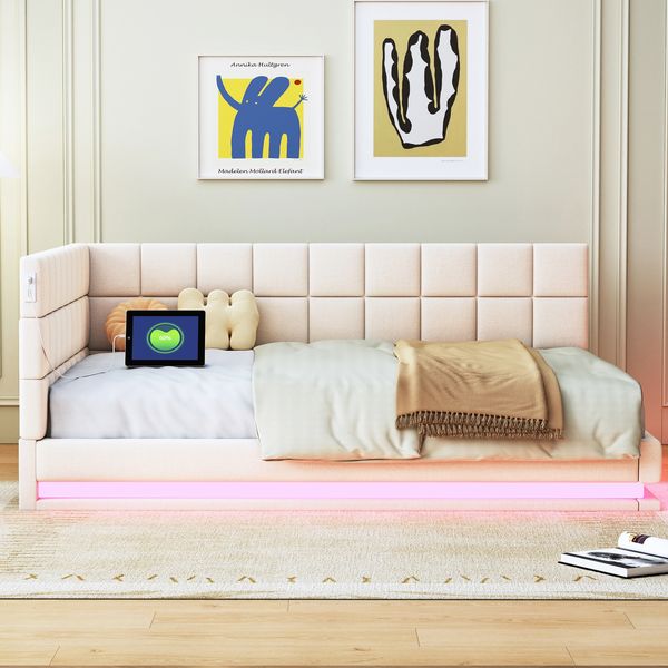 Polsterbett 140x200 cm Samtstoff mit LED-Lichtstreifen, USB-Anschluss und Lattenrost, beige