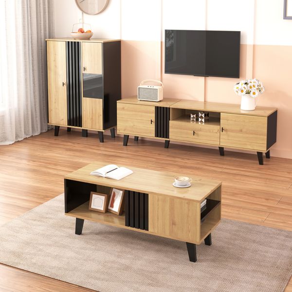 Wohnzimmermöbel-Set 3-teilig mit Glas & Stauraum, 100x60x45 cm / 170x40x50,5 cm, Schwarz-Holz