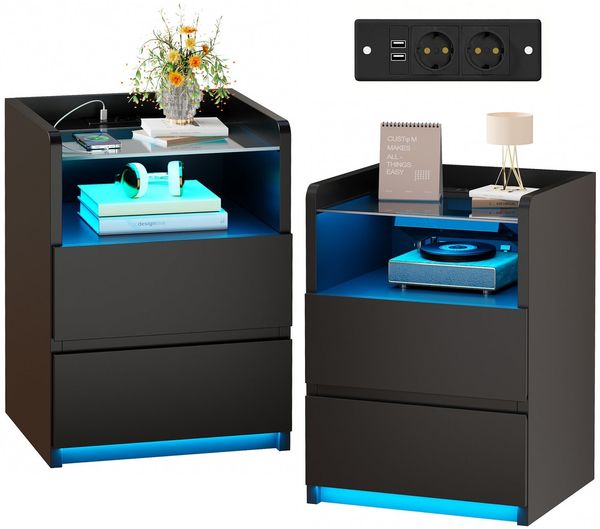 BEWISHOME Nachttisch 2er Set mit RGB-LED-Beleuchtung und Ladestation, 40x35x60 cm (2-St), Gehärtete Glasplatte, 2 Schubladen & Offenes Fach