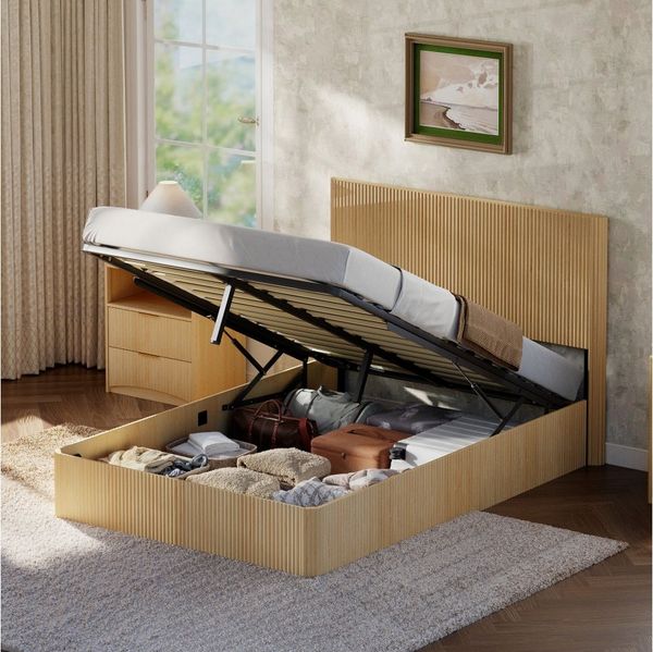 BBWL Bett mit Stauraum hydraulisches Lift Bett Rillenoptik Massivholz Lattenrost, Bett Metallrahmen modernes Schlafzimmerbett