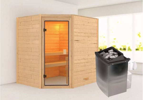 Karibu Elea Ecksauna + 9kW Saunaofen mit integrierter Steuerung