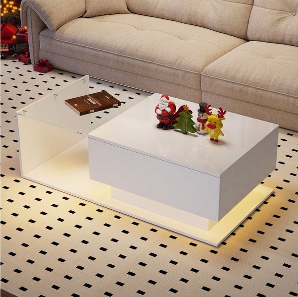 MODFU Couchtisch mit LED-Beleuchtung (1-St, mit 1 Schublade,100x50x32cm), mit Glasplatte und Schubladen, kratzfest