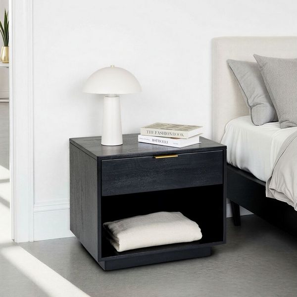 IDIMEX Nachttisch BORA, Beistelltisch Holz 60x46 cm mit Schublade aus Mango Massivholz Schwarz
