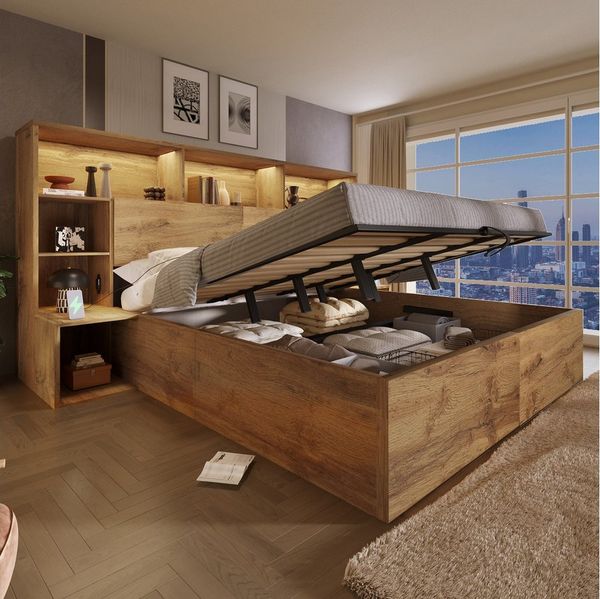 OKWISH Holzbett Bett 180x200 cm mit Stauraum, LED-Beleuchtung & USB (Packung, 1-tlg, Eiche Optik Stauraumbett mit Hydraulik, mit integrierten Nachttischen), mit Lattenrost und Kopfteil-Regal(ohne Matratze)