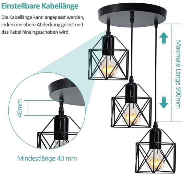 EMKE Pendellampe 3 flammige Kronleuchter Vintage Pendellampe Retro Hängelampe Deckenleuchter, Schwarz Lampenschirm für E27, Wohnzimmer Café Bild 3