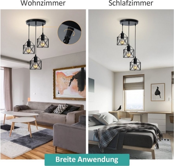 EMKE Pendellampe 3 flammige Kronleuchter Vintage Pendellampe Retro Hängelampe Deckenleuchter, Schwarz Lampenschirm für E27, Wohnzimmer Café Bild 2
