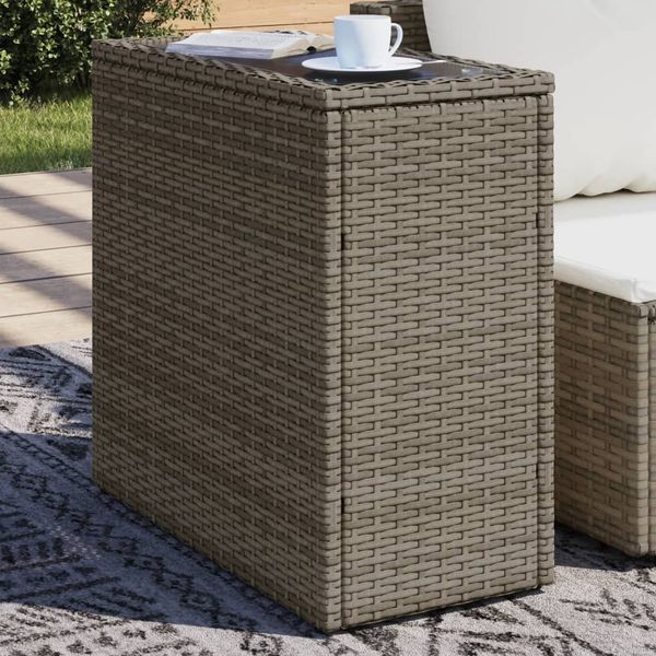 Gartentisch, Beistelltisch, Balkontisch mit Glasplatte Grau 58x27,5x55 cm Rattan