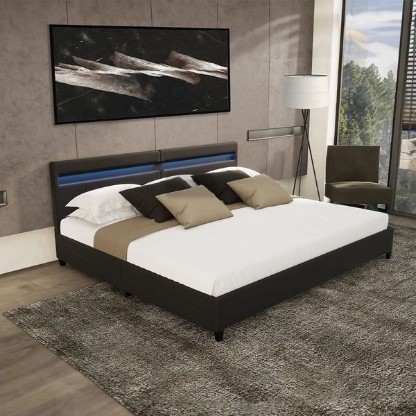 HOME DELUXE Kunstlederbett LED Bett mit Schubladen - 200 x 200 cm / 270 x 200 cm (inkl. Schubladen), gepolstertes Kopfteil, LED Beleuchtung, Familienbett, Stauraumbett