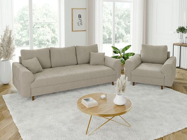 S-Style Möbel Polstergarnitur 3+1 Leif mit Braun Holzfüßen im skandinavischen Stil aus Boucle-Stoff, (1x 3-Sitzer-Sofa, 1x Sessel), mit Wellenfederung
