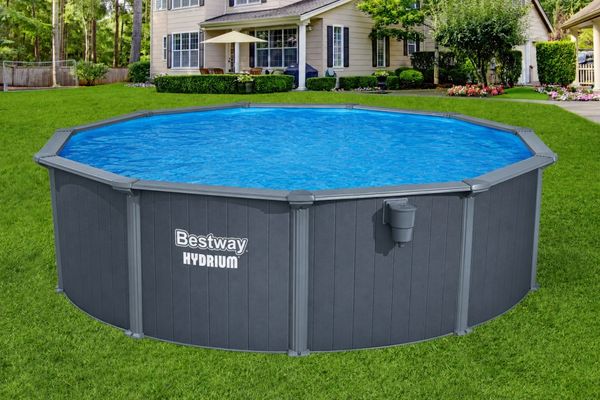 Bestway 561CU Hydrium Stahlwandpool Komplett Set mit Sandfilteranlage Ø 488 x 132 cm, Holz Optik (Grau), rund, winterfest
