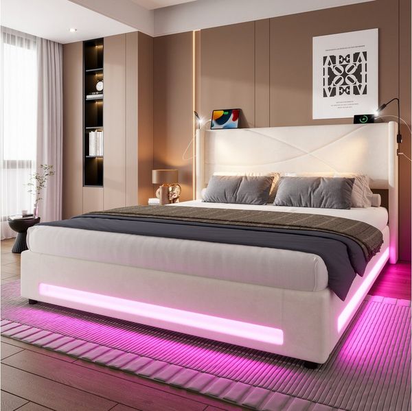 HAUSS SPOLE Polsterbett 160×200cm Doppelbett Jugendbett mit 2 Leselichtern & USB,Beige (hydraulischem Stauraum & integrierte USB-Anschlüsse & LED-Lichtleisten, dick gepolsterte Kopfteil,Stabiler Rahmen), für praktischen Komfort und Stil im Schlafzimmer...