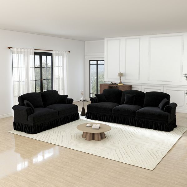 Flieks 2+3 Sitzer Sofagarnitur, Modulares Sofa mit 5 Kissen, abnehmbarem Volant, ausladenden Armlehnen & Holzbeinen, Chenille, Schwarz