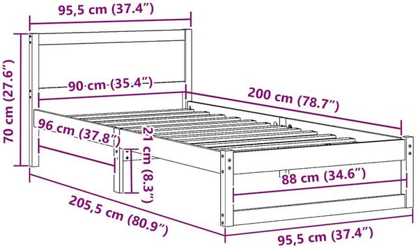 vidaXL Bettrahmen mit Kopfteil Weiß 90 x 200 cm Massives Kiefernholz 873290 Bild 10