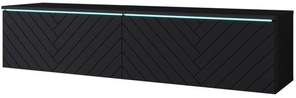 TV-Lowboard Stone 140 MDF, mit weißer LED Beleuchtung, Farbe: Schwarzer Graphit/Schwarz Fischgrät