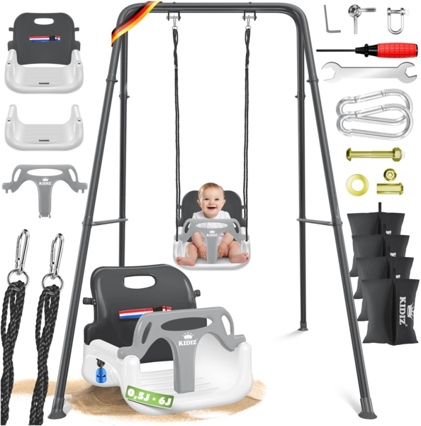 KIDIZ® Babyschaukel mit Gestell 3in1 Kinderschaukel mitwachsend für Babys ab 6 Monate & Kinder bis 10 Jahre für drinnen & draußen, bis 100kg belastbar, Schaukelgestell inkl. 4 Sandsäcke 5kg auffüllbar Anthrazit