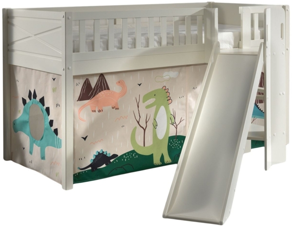 Kinderbett mit Rutsche Karyl Massivholz Weiß Textilset Dino