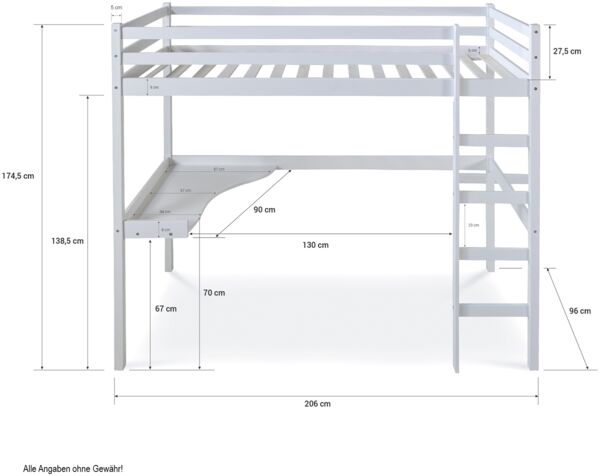 Homestyle4u Funktions-Hochbett mit Schreibtisch, Kiefernholz weiß, 90x200 cm Bild 4
