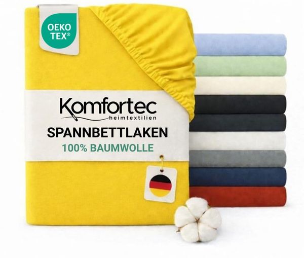 Komfortec Spannbettlaken 140x200 Baumwolle Jersey Bettlaken, Oeko-Tex Zertifiziert für Boxspring, Topper, Rundumgummi für Perfekte Passform, Weich & Atmungsaktiv, Pflegeleicht & Formstabil, Gelb