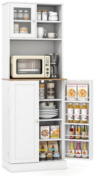 COSTWAY Küchenbuffet Küchenschrank mit Arbeitsplatte & Glastür, Holz, weiß
