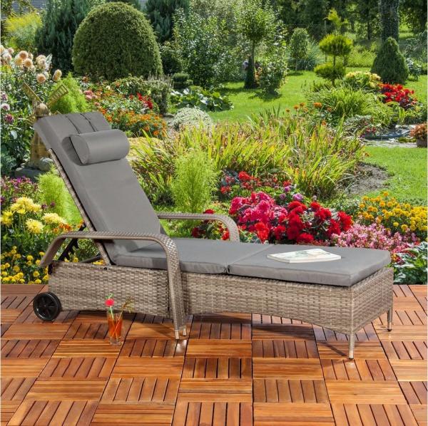 Gartenliege Sonnenliege Liegestuhl Loungeliege Polyrattan Rattan Liege Grau