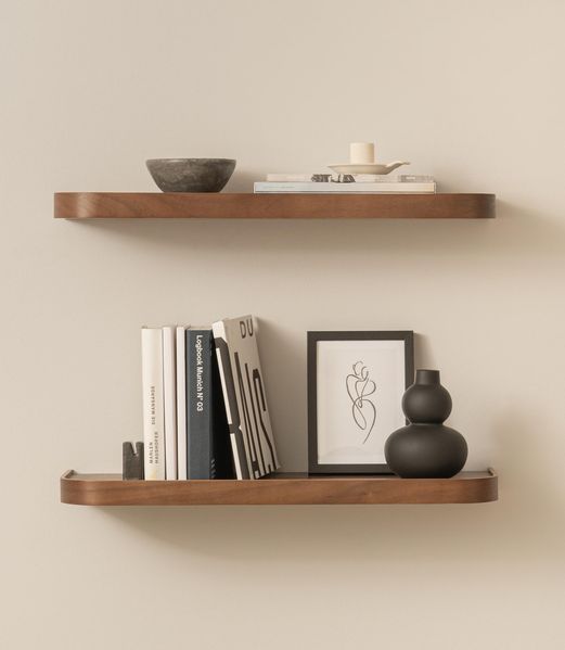 Kazai.® Wandregal-Set 'Toke' | 2 Hängeregale in Echtholz-Veneer | Schwebendes Holzregal als Bücherregal, Wanddeko und Ablage für Bad, Wohnzimmer, Küche, Schlafzimmer | Walnuss