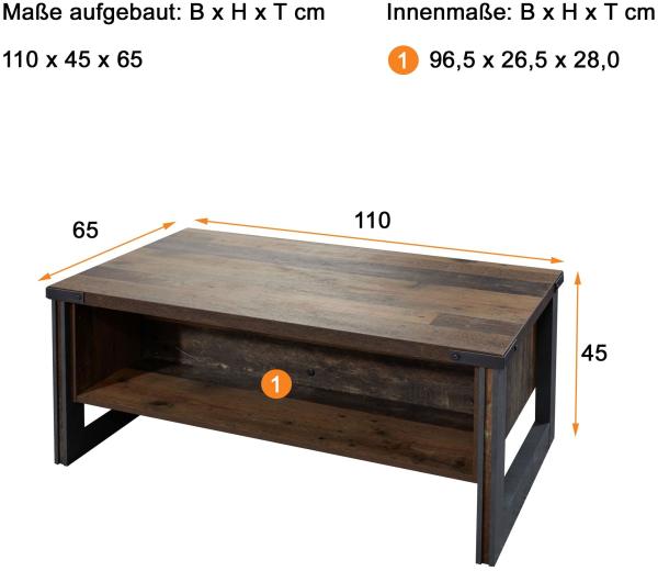 trendteam smart living Wohnzimmer Couchtisch Wohnzimmertisch Prime, 110 x 45 x 65 cm Old Wood Matera mit viel Ablagefläche