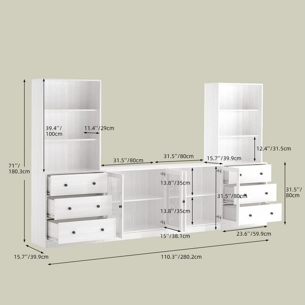 VOWNER TV-Schrank mit Bücherregalen für Fernseher bis zu 70 Zoll, 280 cm TV-Ständer (4-St) Wohnzimmer-Fernsehschrank mit gehärteten Glastüren und Einlegeböden