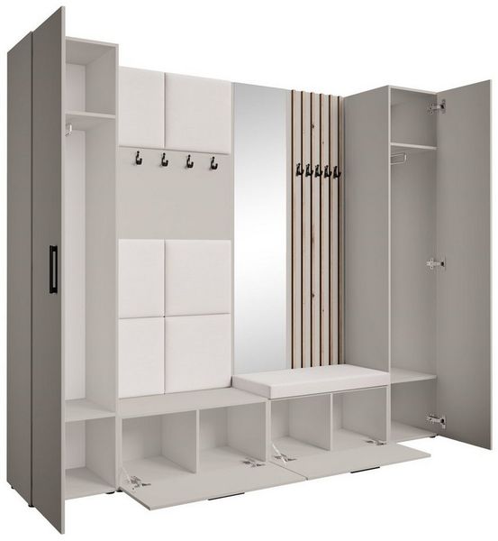 Beautysofa Garderobenschrank mit gepolsterten Paneelen und Spiegel MARGARET XL (zwei praktische Schuhschränke und zwei komfortable Kleiderschränke mit Kleiderstangen) mit dekorative Lamellen und praktischen Kleiderhaken