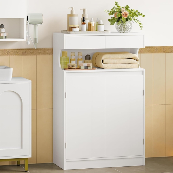 Badezimmerschrank, Badschrank, Aufbewahrungsschrank mit 2 Schubladen und 2 Türen, Küchenschrank, Kommode, Verstellbare Ablage, für Badezimmer, Zeichensaal, 30 × 60 × 90 cm, Weiß