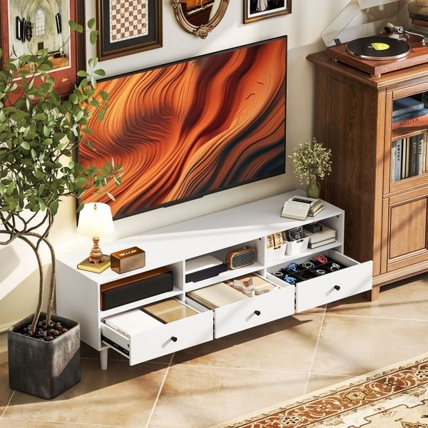 TV-Lowboard mit 3 Schubladen & Kabelmanagement, 140 x 34 x 45 cm, Weiß