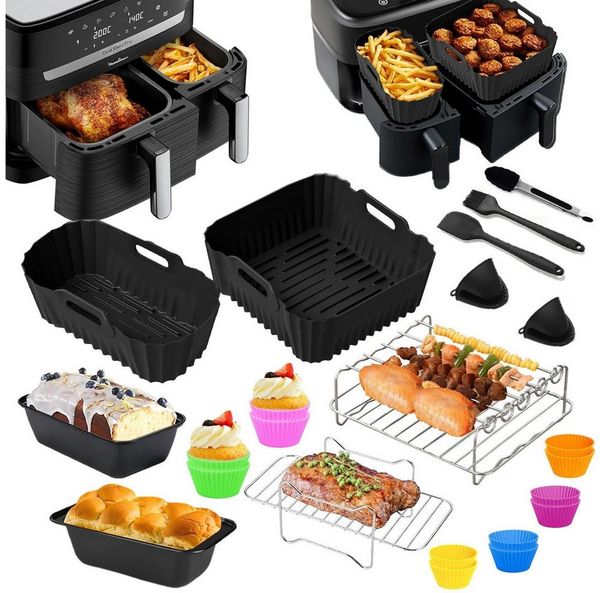 SURFOU Backform Heißluftfritteuse Zubehör 29-tlg set für Tefal Dual Easy Fry EY9018, (29-tlg Heißluftfritteuse Zubehör Set für Tefal EY9018 & weitere Dual-Airfryer, Tower T17099, Salter EK5729 – ideal für 3,1L + 5,2L Air Fryer, inklu. Silikonformen, Mu...