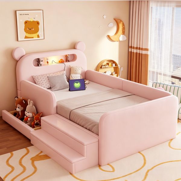 Merax Kinderbett, 90 x 200 cm, Kinder-Polsterbett mit Bären-Kopfteil, Nachtlicht, USB-Ladeanschluss, integriertem Stauraum und Stufensitz – sicher und praktisch, Rosa