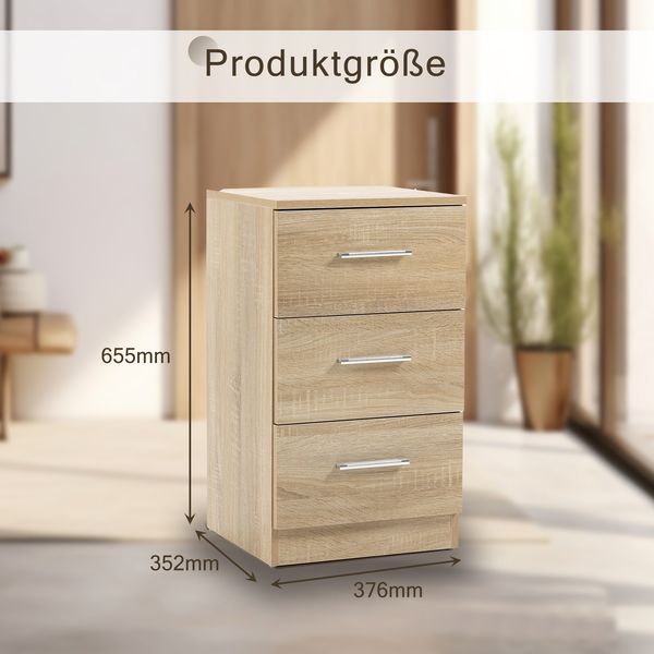 Nachttisch 2er-Set mit 3 Schubladen, Spanplatte, 37,6x35,2x65,5 cm, Natur