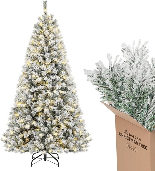 SALCAR 180 cm Künstlicher Weihnachtsbaum mit Schnee und Beleuchtung, Tannenbaum mit 828 Spitzen und 250 warmweißen LEDs