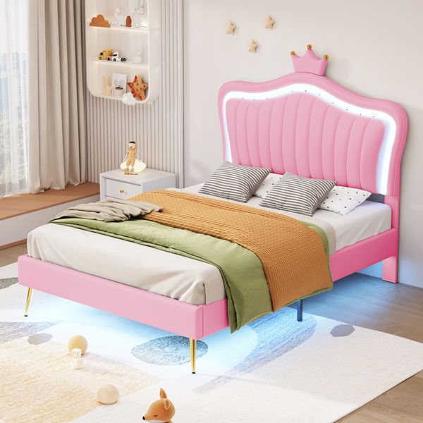Kinder-Polsterbett 90×200 cm mit LED-Beleuchtung, verstellbarem Kopfteil, Rosa, ohne Matratze