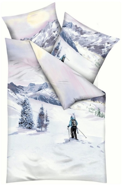 kaeppel Biber Bettwäsche 135x200 Winter Wanderer Berge Bäume grau weiß