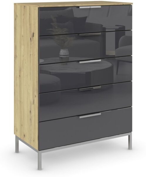 Rauch Möbel Flipp, Nachttisch für Schlafzimmer, Flur, Garderobe, 5 Schubladen, mit Softclose Funktion, Griffe und Metallkufe Chrom, Farbe Eiche Artisan, Holz/Glas Basalt, Schwarz, Breite 80 cm