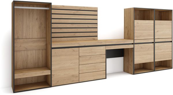 Skraut Home | Schuhregal, Schuhschrank | Schuhaufbewahrung | 357 x 145 x 35 | Für Schlafzimmer | Offener Kleiderschrank | Kommode mit Schubladen | Lamellenwand Holz | Schminktisch | Moderner Stil | Eiche