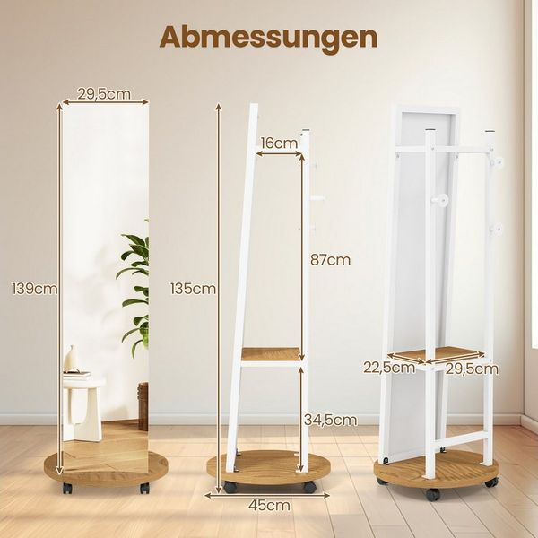 COSTWAY Kleiderständer, mit Ganzkörperspiegel 2in1, Standspigel, mit Ablage