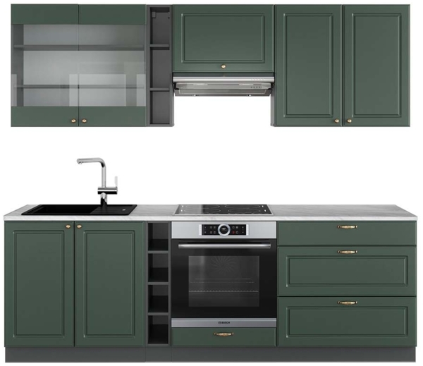 Küchenzeile Fame-Line Grün-Gold Landhaus/Anthrazit 235 cm , AP Marmor Vicco