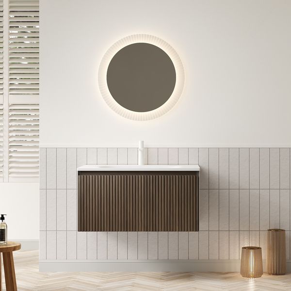 Wandmontie Badezimmer-Waschtisch mit weißem Rechteckigem Keramik-Unterbauwaschbecken,Gestreiftem Sperrholz Schrank mit Schublade Vormontiert,Braune Eichenholzmaserung Farbe,80 cm