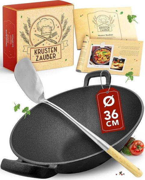 Krustenzauber Wok 30cm Wokpfanne Induktion voreingebrannt mit Wokwender und Wokring