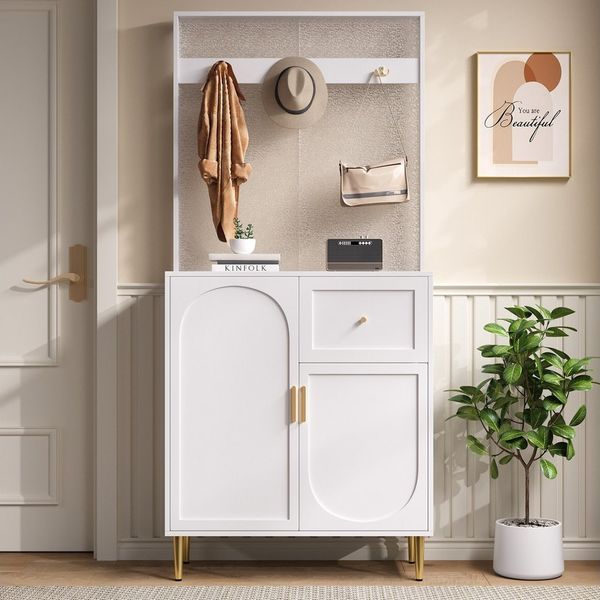 Merax Garderoben-Set mit Soft-Close-Türen, Flurgarderoben Set in Weiß mit Goldakzenten, (Garderobenständer Garderobenschrank Kompaktgarderobe, 1-St, 80 x 35 x 175,5 cm), Flurgarderobe mit Schuhschrank, Regal & verstellbaren Einlegeböden