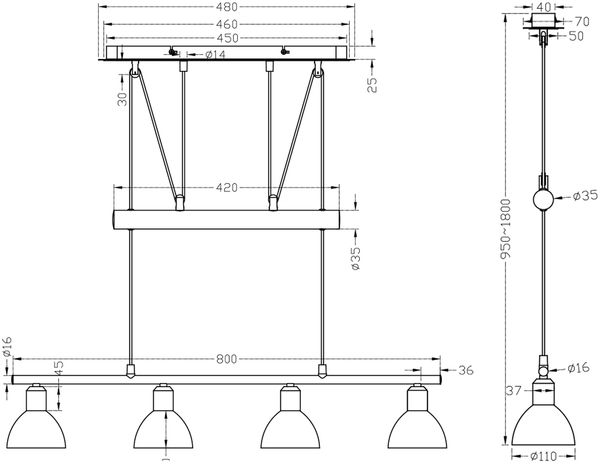 Trio Leuchten 'Levisto' höhenverstellbare LED-Zugpendelleuchte, Metall nickel matt, 4-flammig, 80cm Bild 6