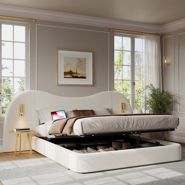 Polsterbett mit LED-Beleuchtung, extra breites Kopfteil mit Spots und USB Anschlüssen, 180x200 cm, gepolsterter Kopfteil, Doppelbett, Frottee