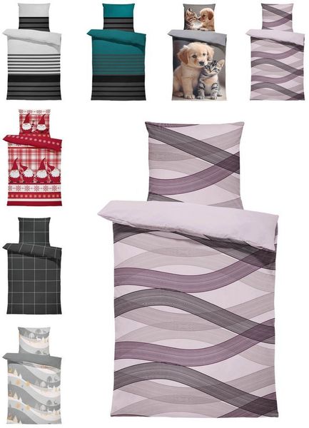 One Home Bettwäsche Winter, Flanell, 2 teilig, modern geschwungen, kuschelig flauschig warme weiche Baumwolle Biber