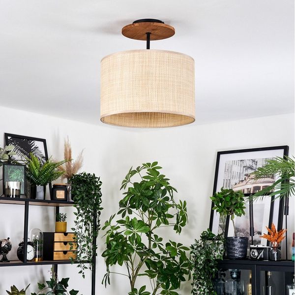 hofstein Deckenleuchte Deckenlampe aus Metall/Holz/Papiergeflecht/Stoff, Schwarz/Natur/Braun, ohne Leuchtmittel, runde Deckenleuchte im modernen Boho-Design (Schirm Ø 35 cm), E27