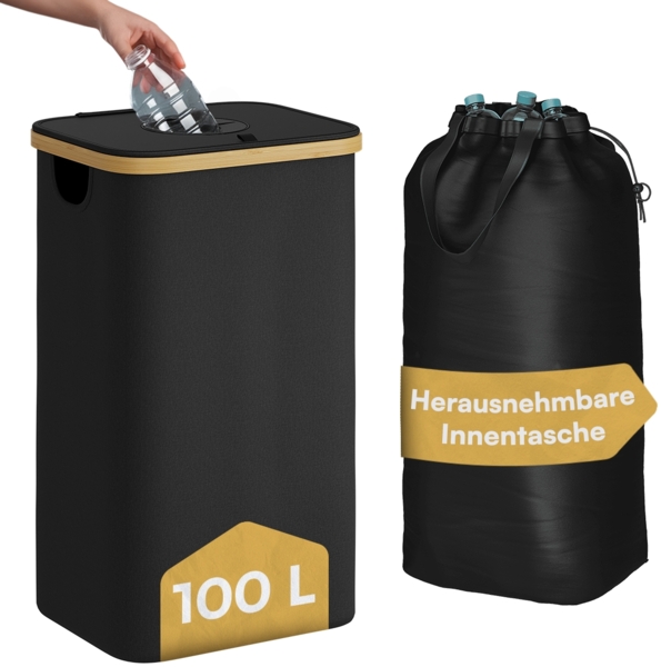 Bellamio 'Tolt' Pfandflaschen Sammelbehälter aus Stoff mit Bambus, herausnehmbare Innentasche mit Griffen, mit Deckel, 100L, waschbar & tropfsicher, schwarz